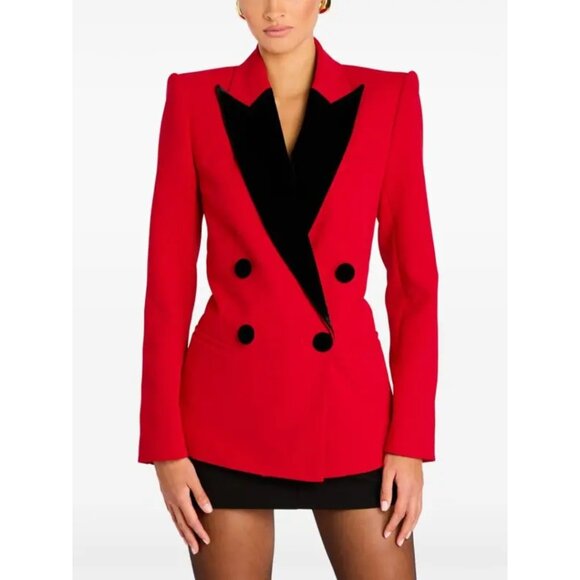 Retrofête Angelica Blazer Size XS Red & Black Velvet Trim Double-Breasted Jacket - Picture 1 of 11